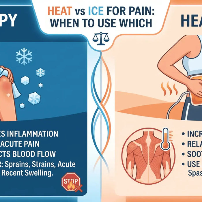 Table showing whether to start with ice or heat for sprains, stiff muscles, arthritis, gout, tendon pain, back pain and cramps.